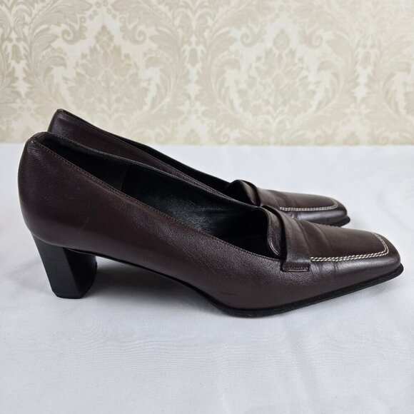 Renzo Fontanelli Firenze Size 7.5 Brown Leather Slip On Heeled Shoes Square Toe - Picture 5 of 14